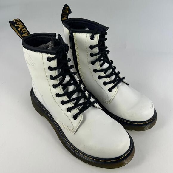 Dr. Martens Combat Boots Youth US 3 Kids Lace Up Side Zip White Leather 1460J - Picture 4 of 10